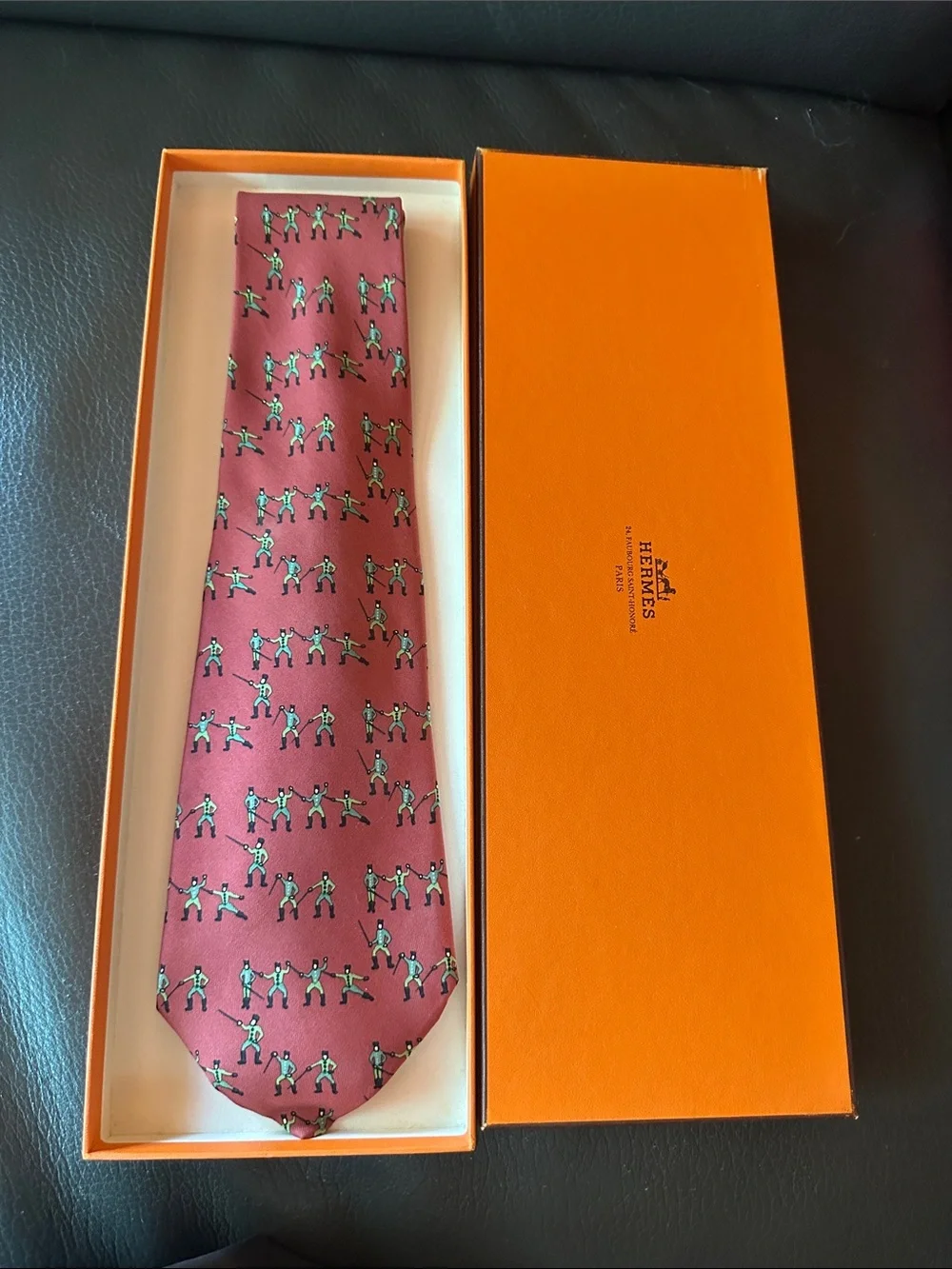 Men's Silk Tie in Burgundy with fencing Figures